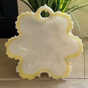 Vintage Milk Glass Ruffled Edge Candy Dish with Handle Yellow Accent